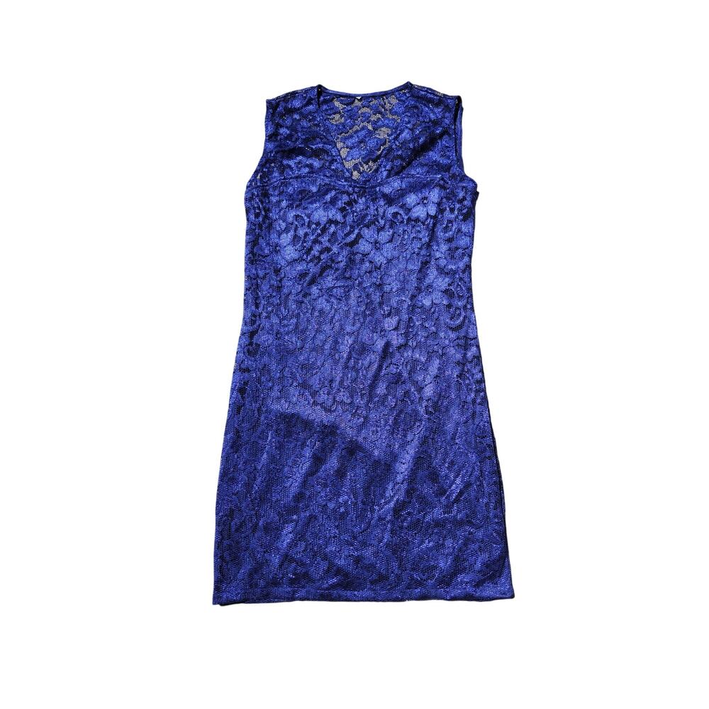 Women's Blue Boho Floral Lace Shift Dress L V-Neck Twee Coquette Whimsygoth